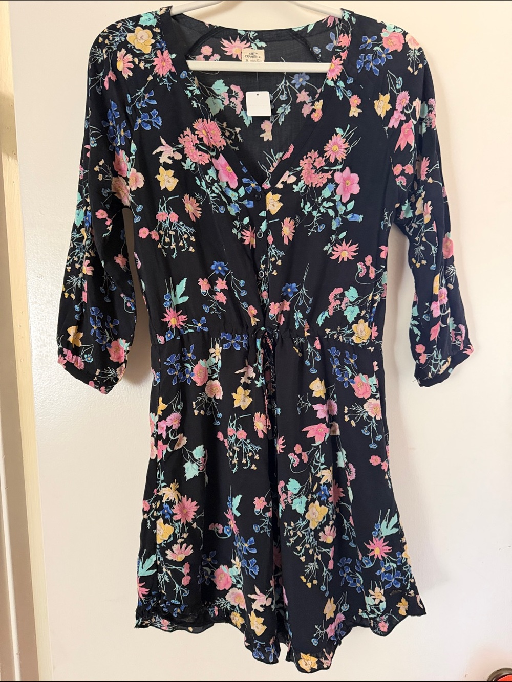 O'Neill Black Floral V-Neck Mini Dress with Pink & Yellow Accents